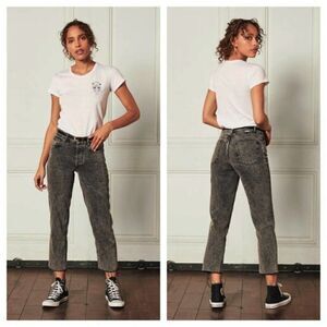 Boyish High Waisted Straight Leg Jean Raw Hem Button Fly Washed Black 26